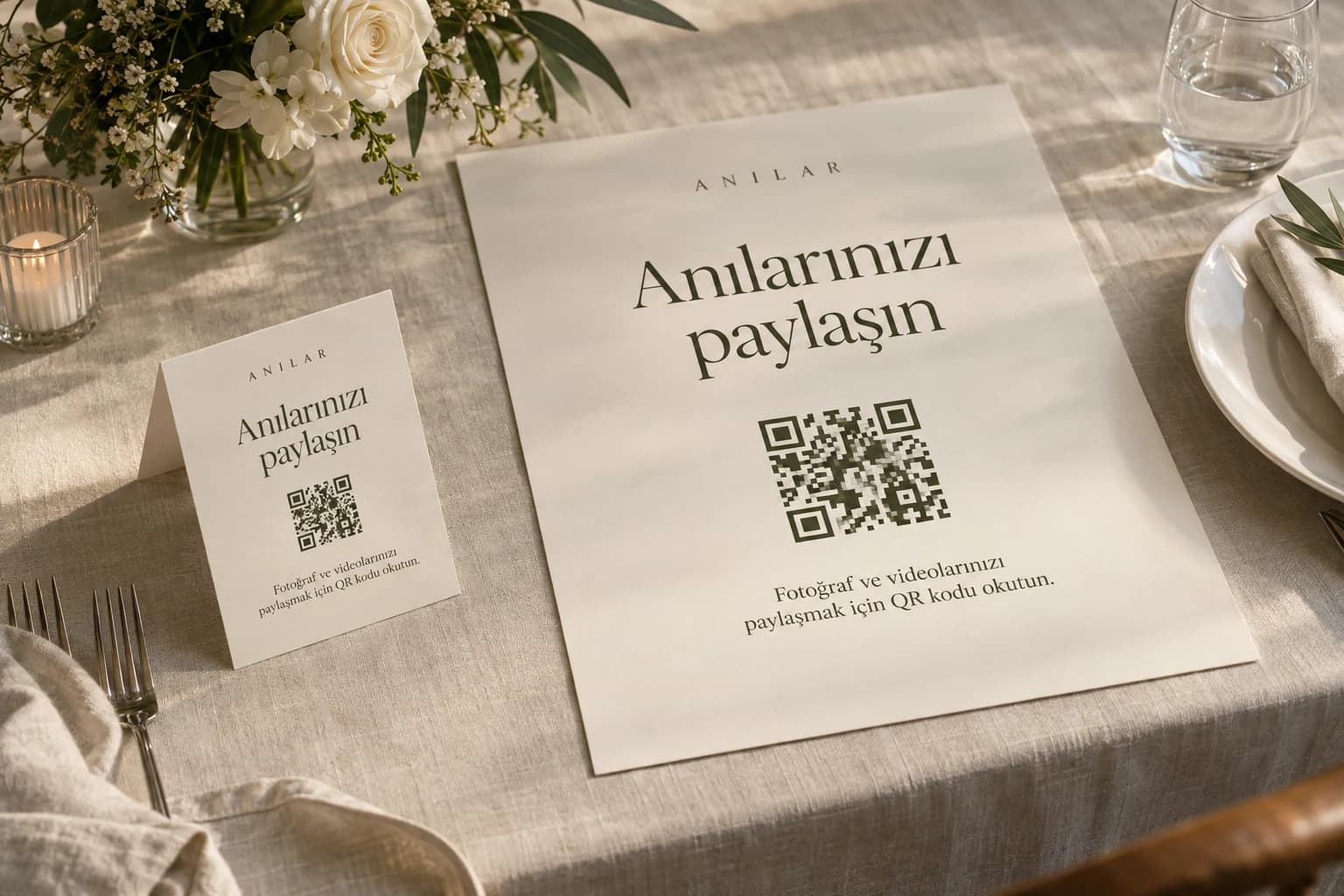 Solda ayakta duran katlanmış QR masa kartı, sağda masaya düz yerleştirilmiş A2 kart; krem zemin ve altın detaylarla iki tasarım
